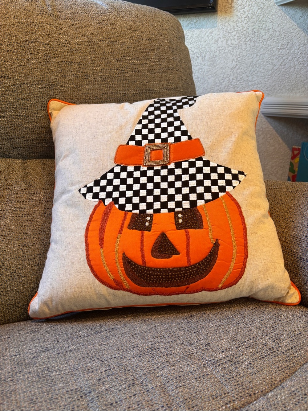 Authentic MacKenzie-Childs Happy Jack Pumpkin Throw Pillow - Whimsical Halloween